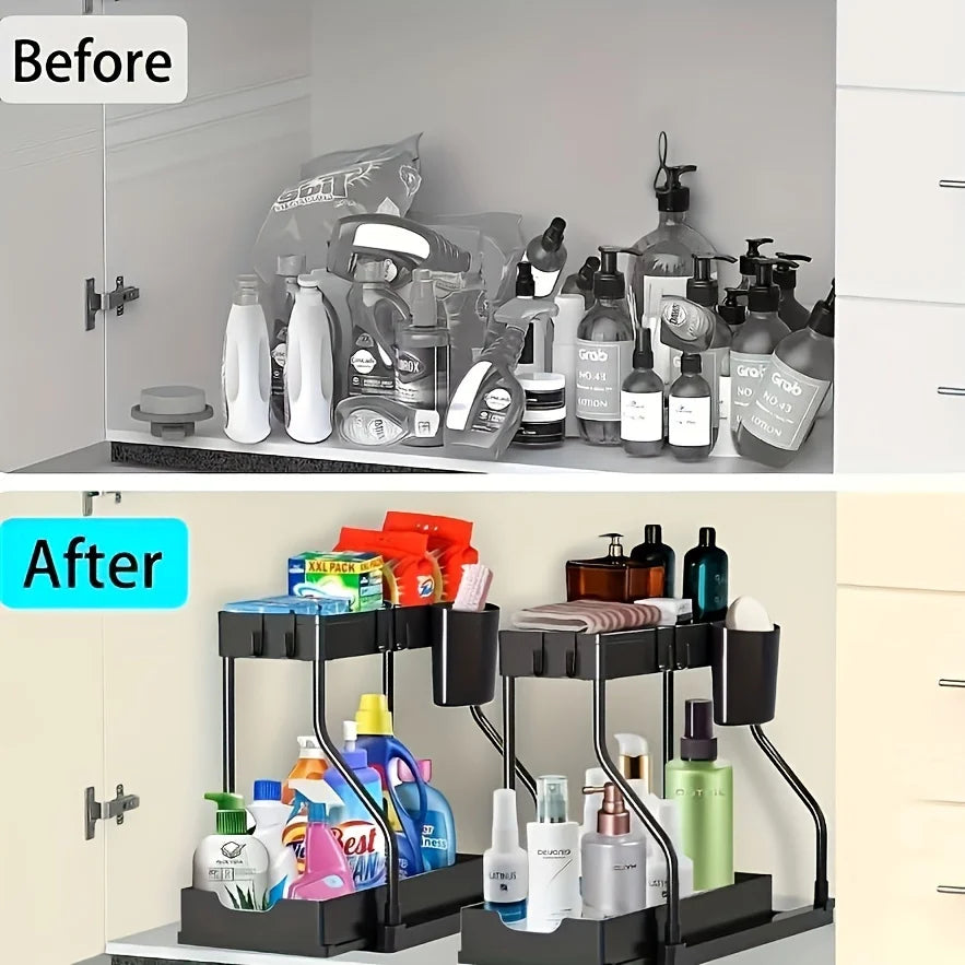 Space Saving 2-Tier under Sink Organizer Pull-Out Stainless Steel Storage Box for Kitchen Bathroom Durable Large Capacity Drawer