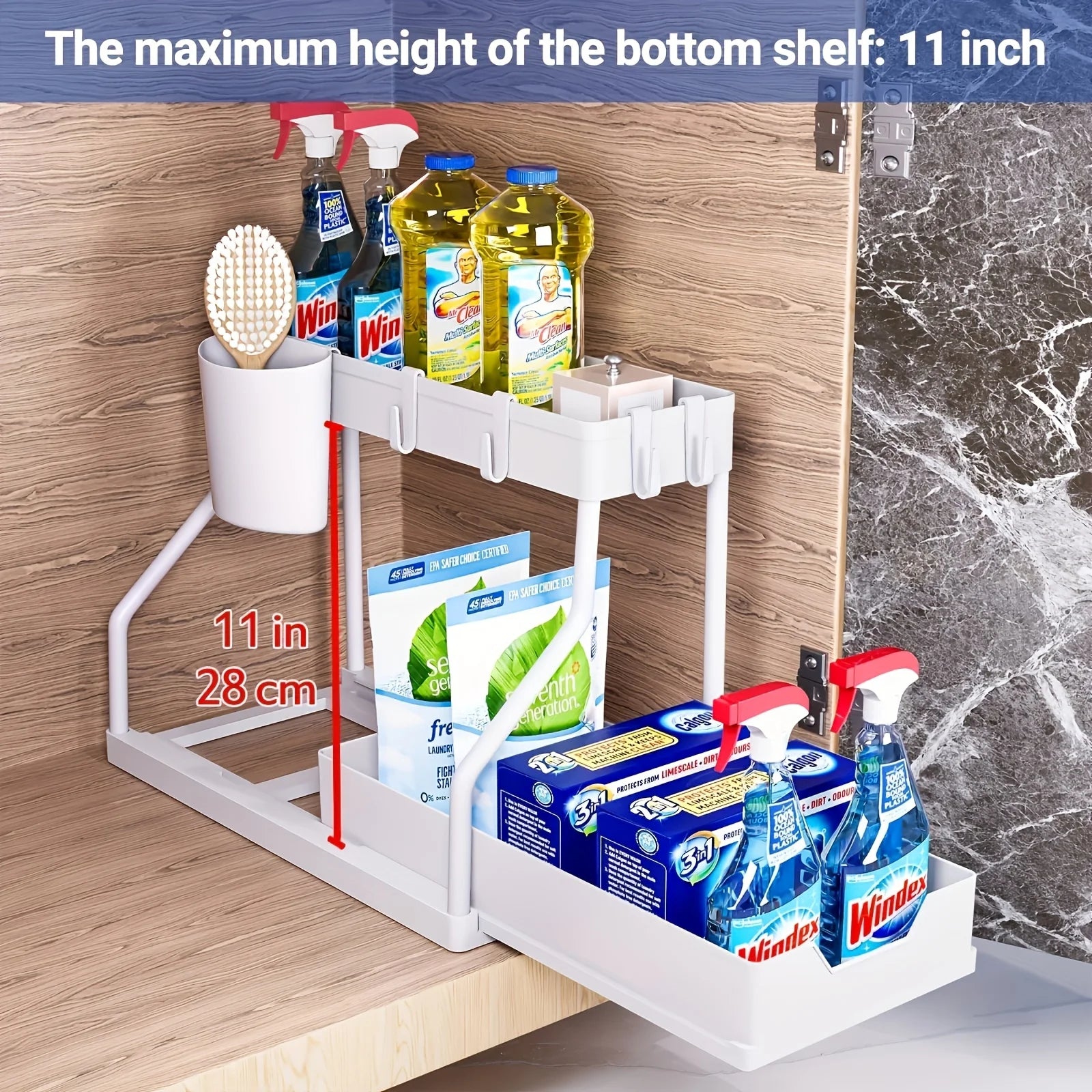 Space Saving 2-Tier under Sink Organizer Pull-Out Stainless Steel Storage Box for Kitchen Bathroom Durable Large Capacity Drawer