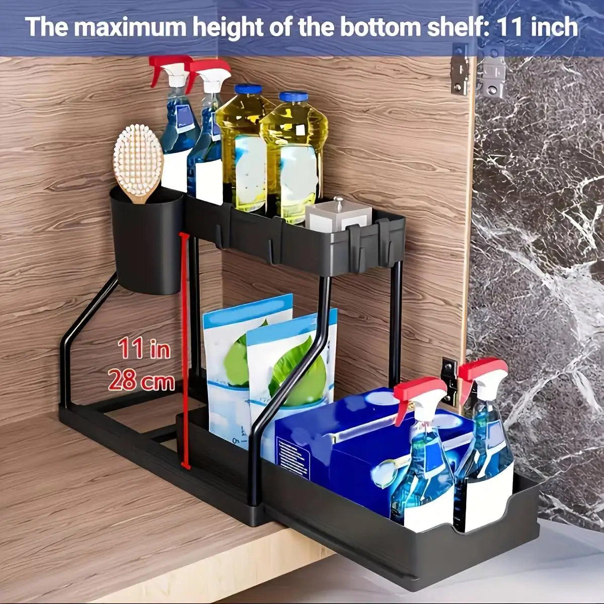 Space Saving 2-Tier under Sink Organizer Pull-Out Stainless Steel Storage Box for Kitchen Bathroom Durable Large Capacity Drawer