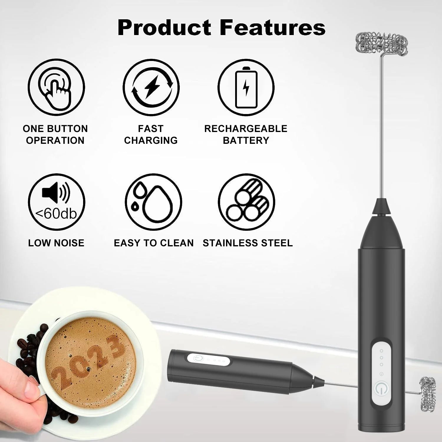 Mini USB Rechargeable Milk Frother 3 Speeds Electric Coffee Whisk Foam Maker Handheld Blender Egg Beater with Handle