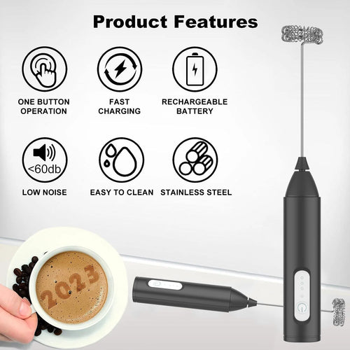 Mini USB Rechargeable Milk Frother 3 Speeds Electric Coffee Whisk Foam Maker Handheld Blender Egg Beater with Handle