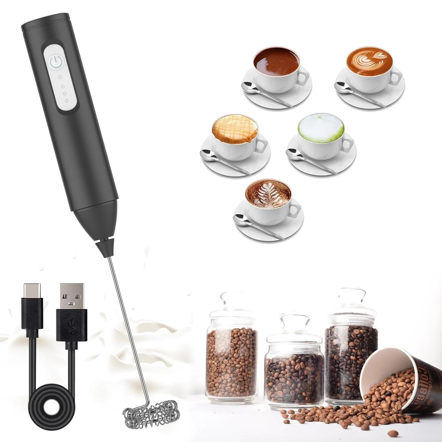 Mini USB Rechargeable Milk Frother 3 Speeds Electric Coffee Whisk Foam Maker Handheld Blender Egg Beater with Handle