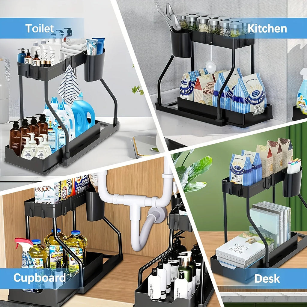 Space Saving 2-Tier under Sink Organizer Pull-Out Stainless Steel Storage Box for Kitchen Bathroom Durable Large Capacity Drawer