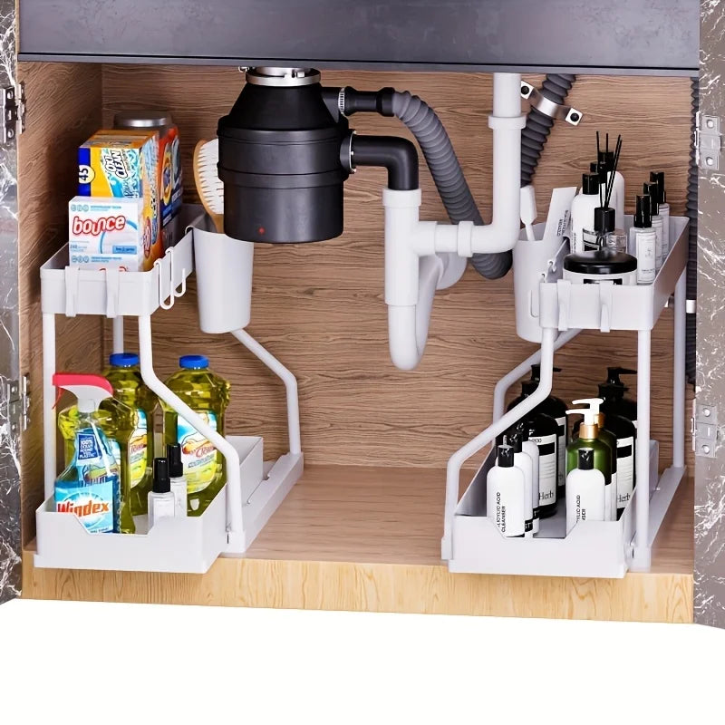 Space Saving 2-Tier under Sink Organizer Pull-Out Stainless Steel Storage Box for Kitchen Bathroom Durable Large Capacity Drawer