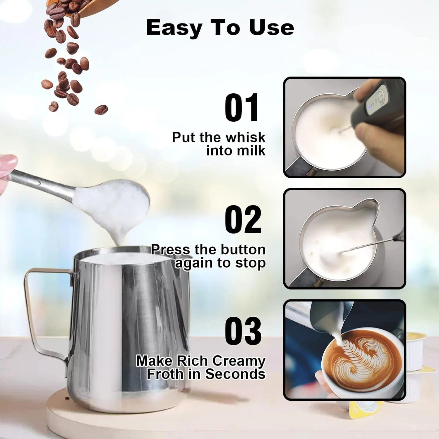 Mini USB Rechargeable Milk Frother 3 Speeds Electric Coffee Whisk Foam Maker Handheld Blender Egg Beater with Handle