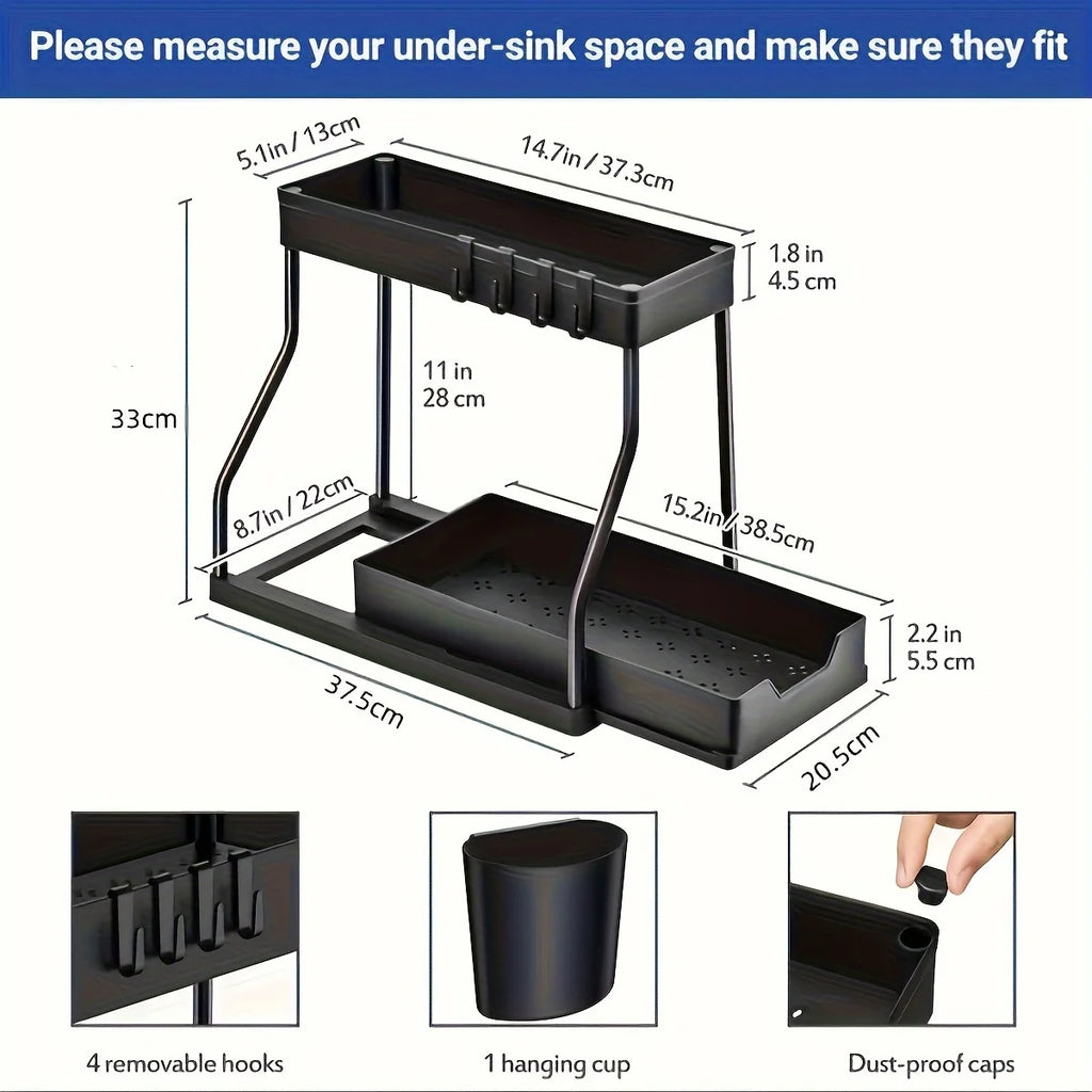 Space Saving 2-Tier under Sink Organizer Pull-Out Stainless Steel Storage Box for Kitchen Bathroom Durable Large Capacity Drawer