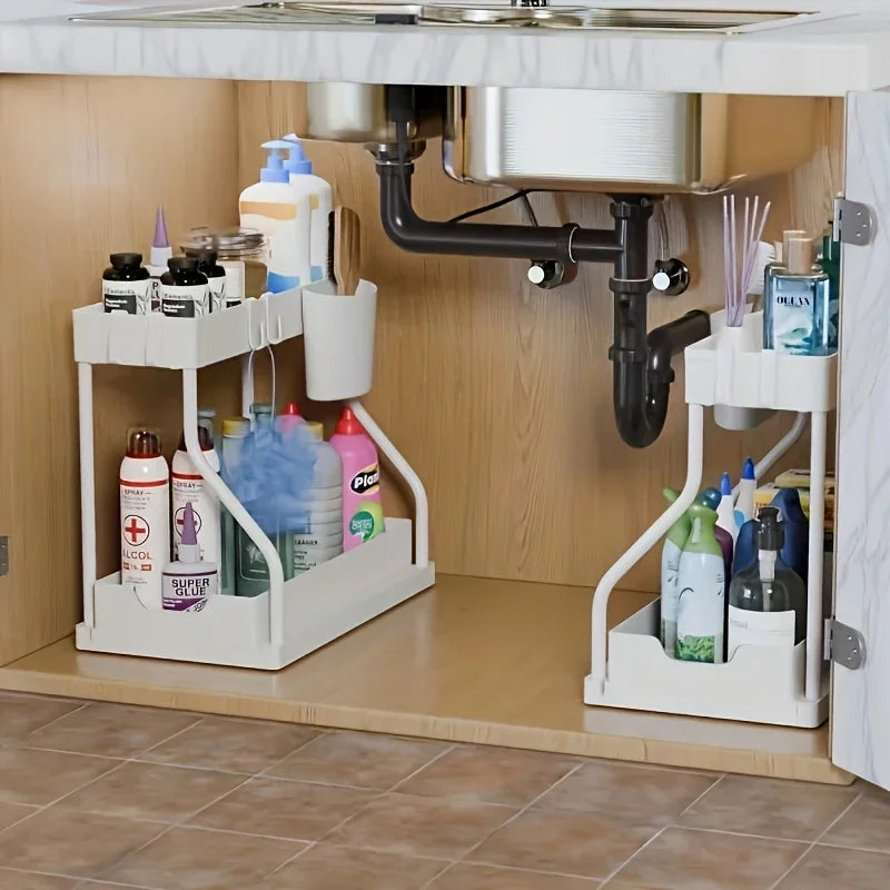 Space Saving 2-Tier under Sink Organizer Pull-Out Stainless Steel Storage Box for Kitchen Bathroom Durable Large Capacity Drawer